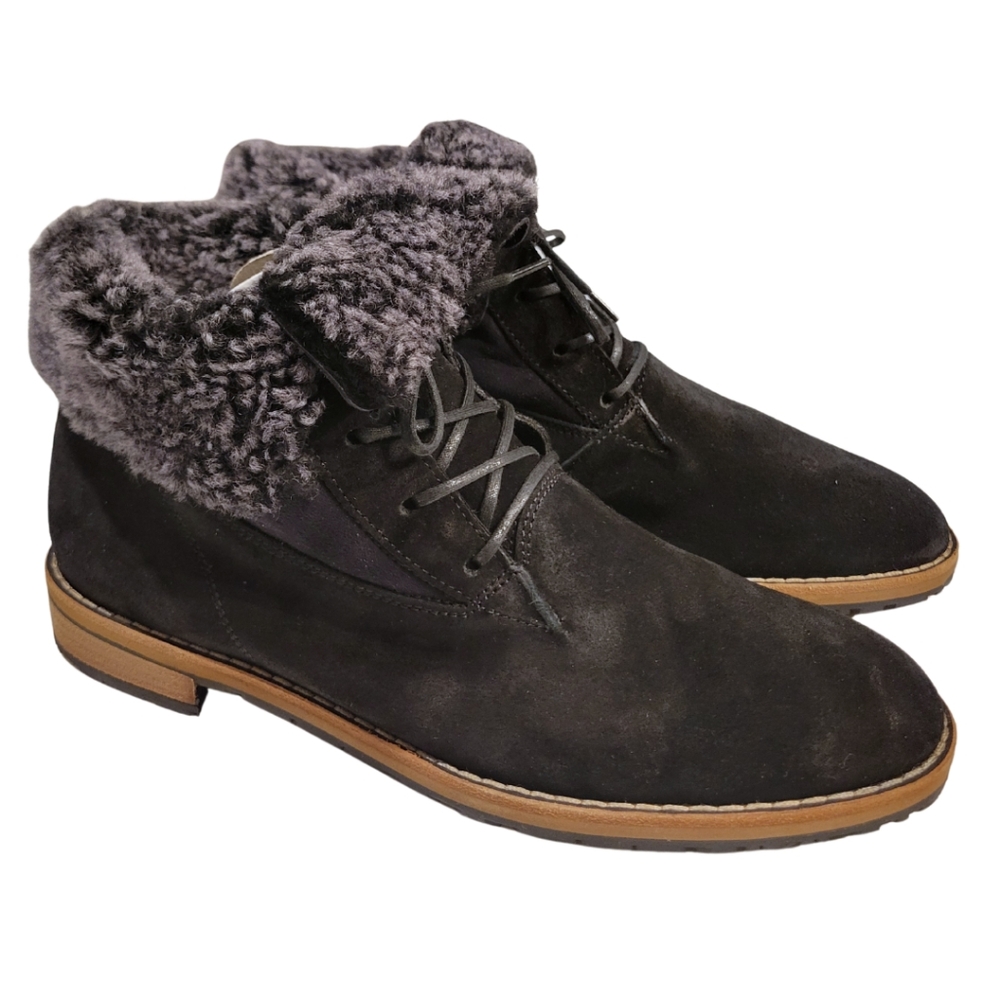 Paul Green Black Suede Lace-Up Ankle Boots with Gray Shearling Cuff